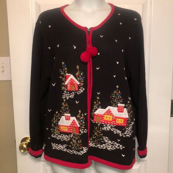 Christmas Cabins at Night Size XL Tacky Ugly Holiday Zip Cardigan Sweater Pom - Picture 1 of 9